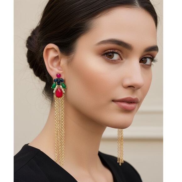 Mia Collection Long Gold Tone Chain Green Red Blue Faux Gemstone Earrings, 5" - Picture 1 of 6
